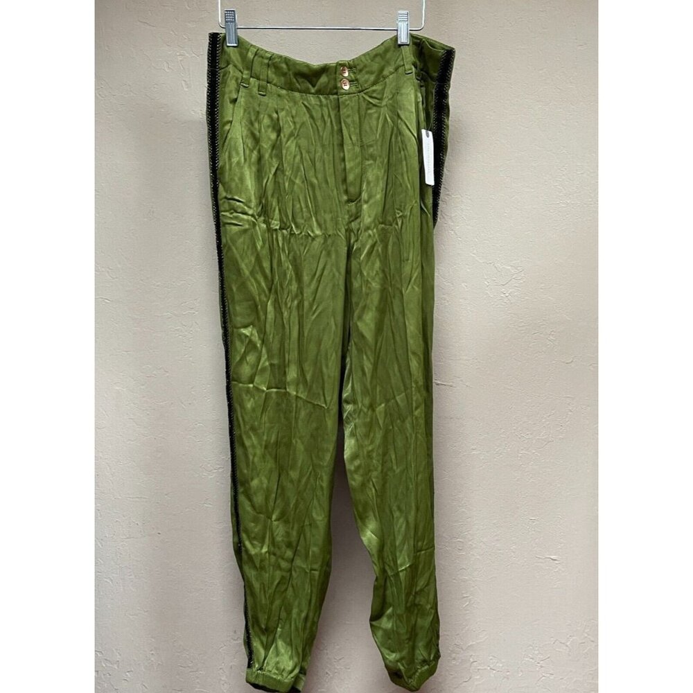Anthropologie Jogger Crop Pants Size 12 Green Zipper Hem Black Stripe New $128